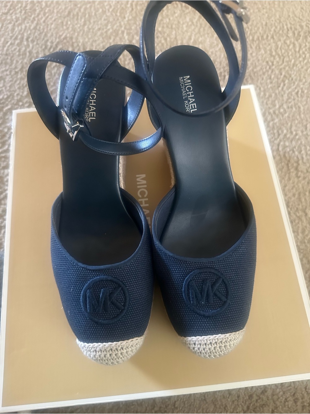 Michael Kors Navy and Cream Espadrille Wedge Sandals